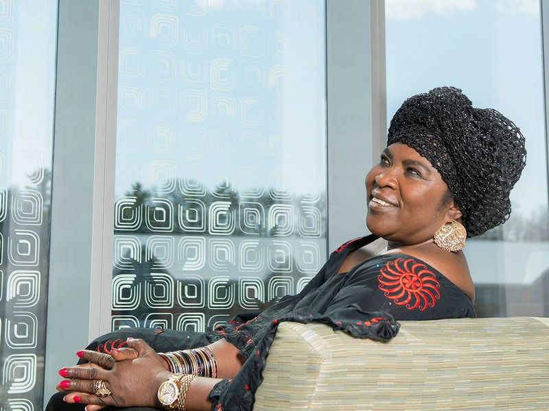 Portrait of Tess Onwueme, taken for the University of Wisconsin-Eau Claire's archival dedication of her life's works, 2014.